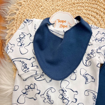 Conj. Body Manga Longa, Calça e Babador Bandana Dino - Azul Marinho e Branco